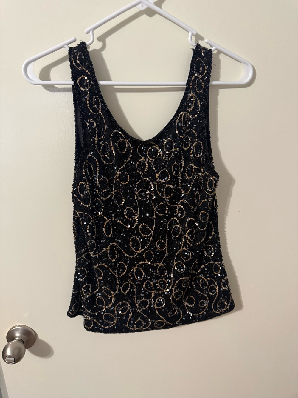 Scala Black Beaded Tank Top with Gold Swirl Accents